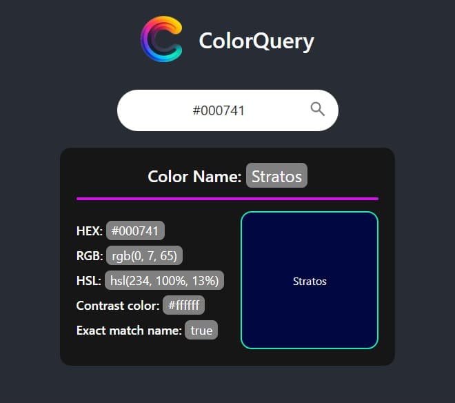 Interfaz de ColorQuery mostrando selección y nombres de colores a partir de valores hexadecimales