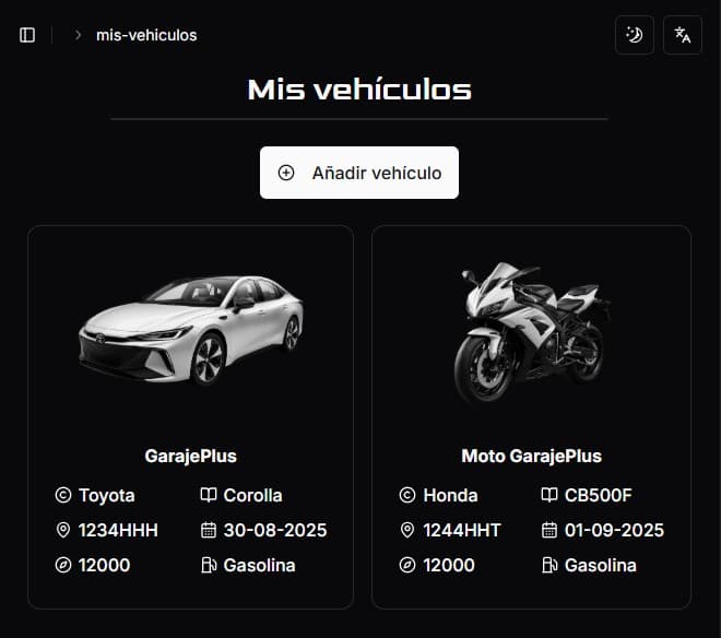 Interfaz de GarajePlus, registro de mantenimiento de vehículos