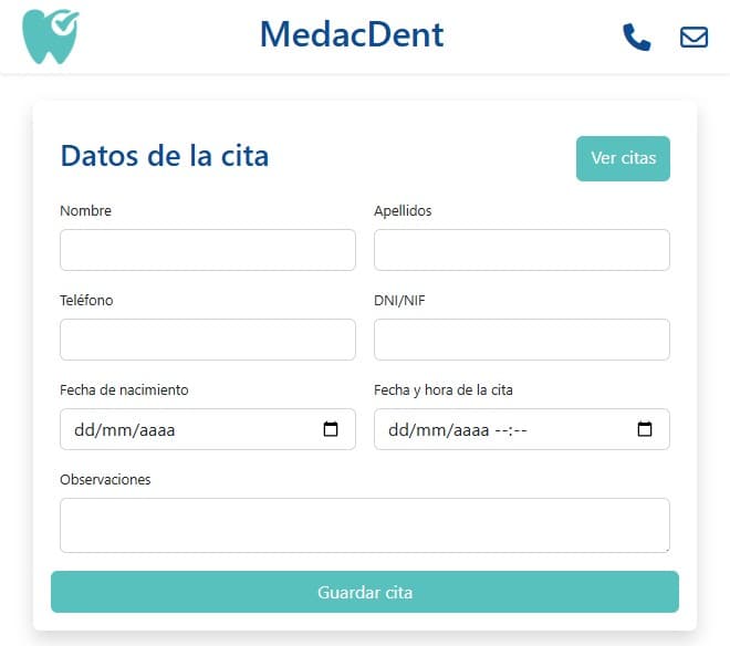 Interfaz de MedacDent mostrando un formulario de gestión de citas en clínica dental